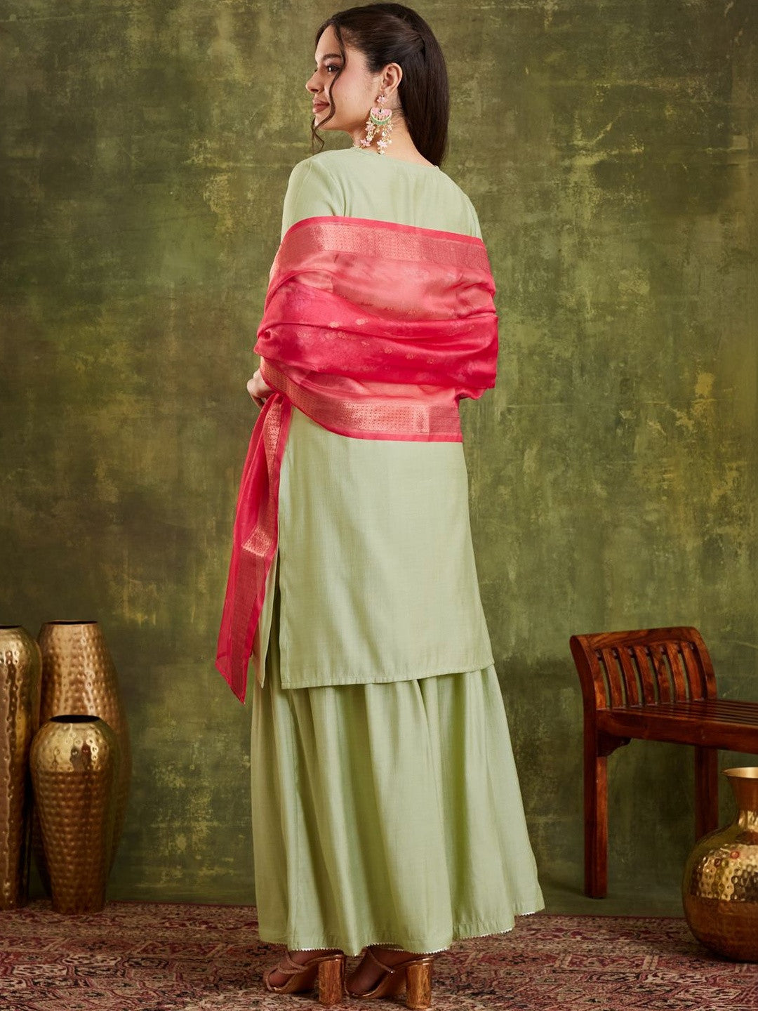 Embroidered Notched Neck Kurta & Sharara With Dupatta