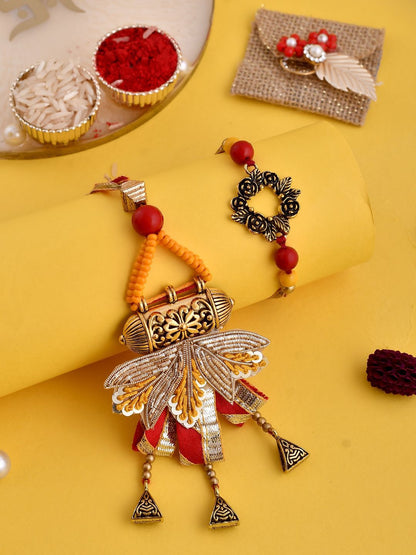Dhiyona Orange Beaded Bhaiya Bhabhi Rakhis With Roli Chawal & Greeting Card