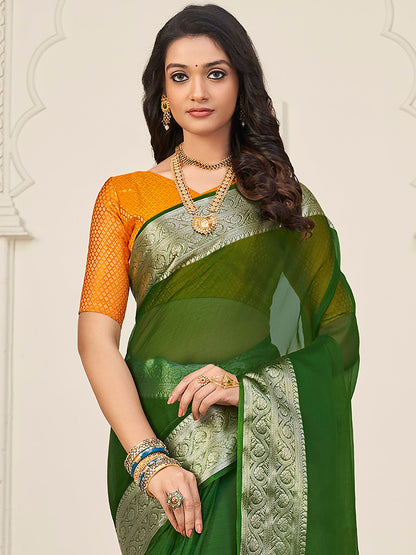 Women's Organza Green Woven Design Designer Saree With Blouse Piece