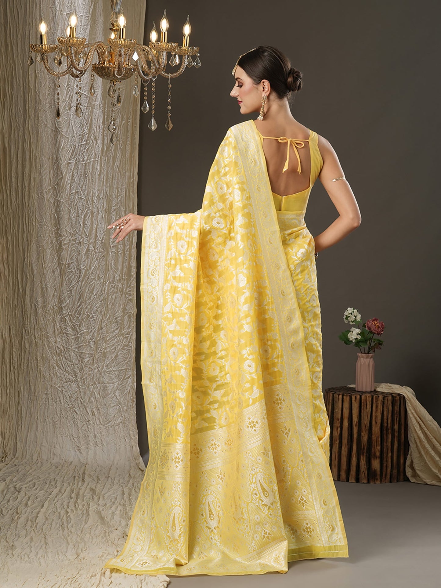 Women's Cotton Silk Yellow Woven Design Designer Saree With Blouse Piece