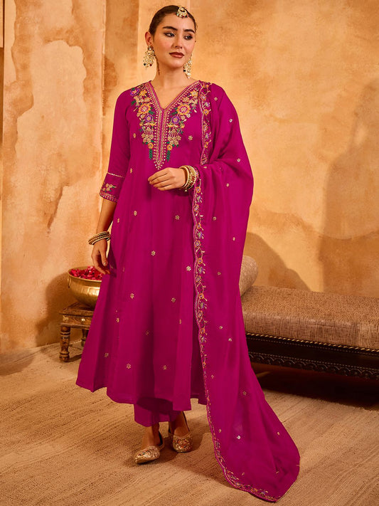 Dhiyona KL Women Floral Embroidered Regular Thread Work Kurta with Trousers & With Dupatta