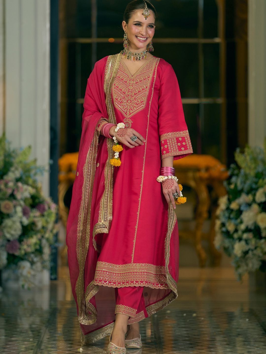 Dhiyona IE Women Ethnic Motifs Embroidered V-Neck A-Line Kurta with Trousers & Dupatta