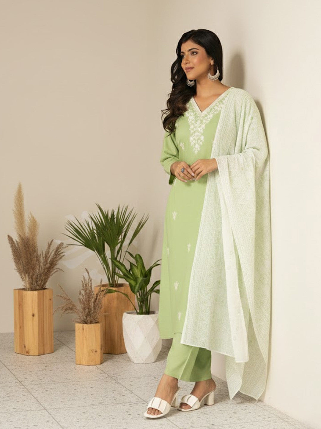 Embroidered V-Neck Kurta & Trousers With Dupatta