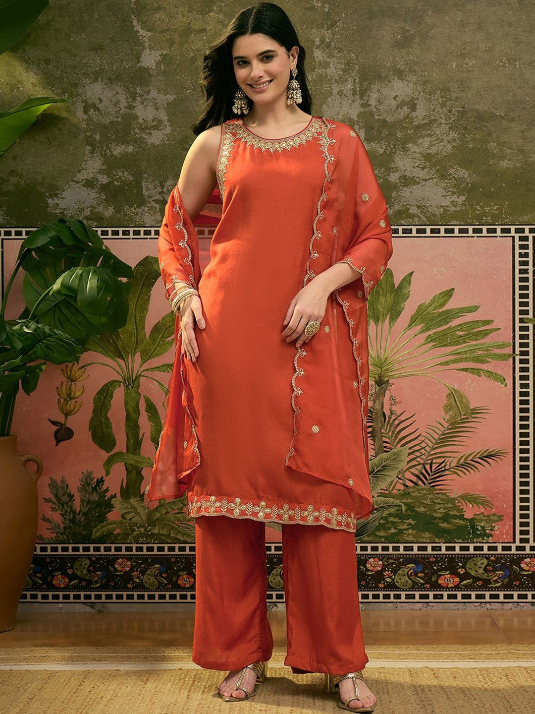Orange Santoon Zari Sequence GotaPatti Embroidered Kurta With Palazzo Set