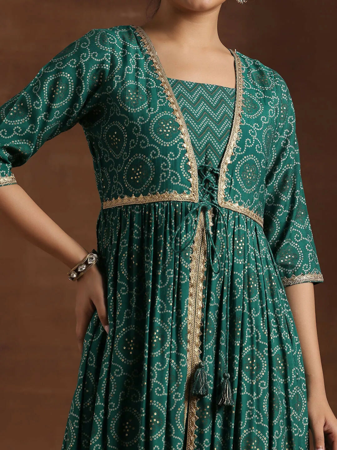 Women's LB Rama Green Printed Silk Blend A-Line Kurta With Trousers & Dupatta