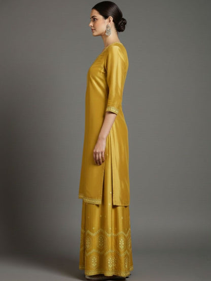 Dhiyona VA Women Ethnic Motifs Embroidered Regular Thread Work Silk Crepe Kurta with Palazzos & With Dupatta