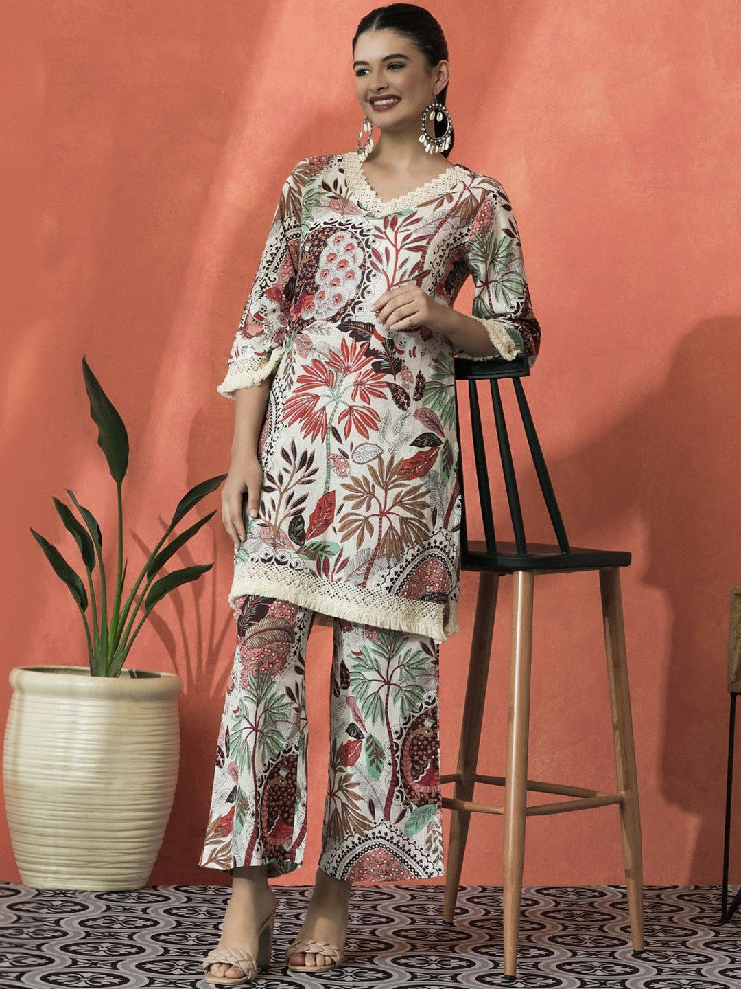 Embroidered Pure Cotton V-Neck Kurta & Palazzos