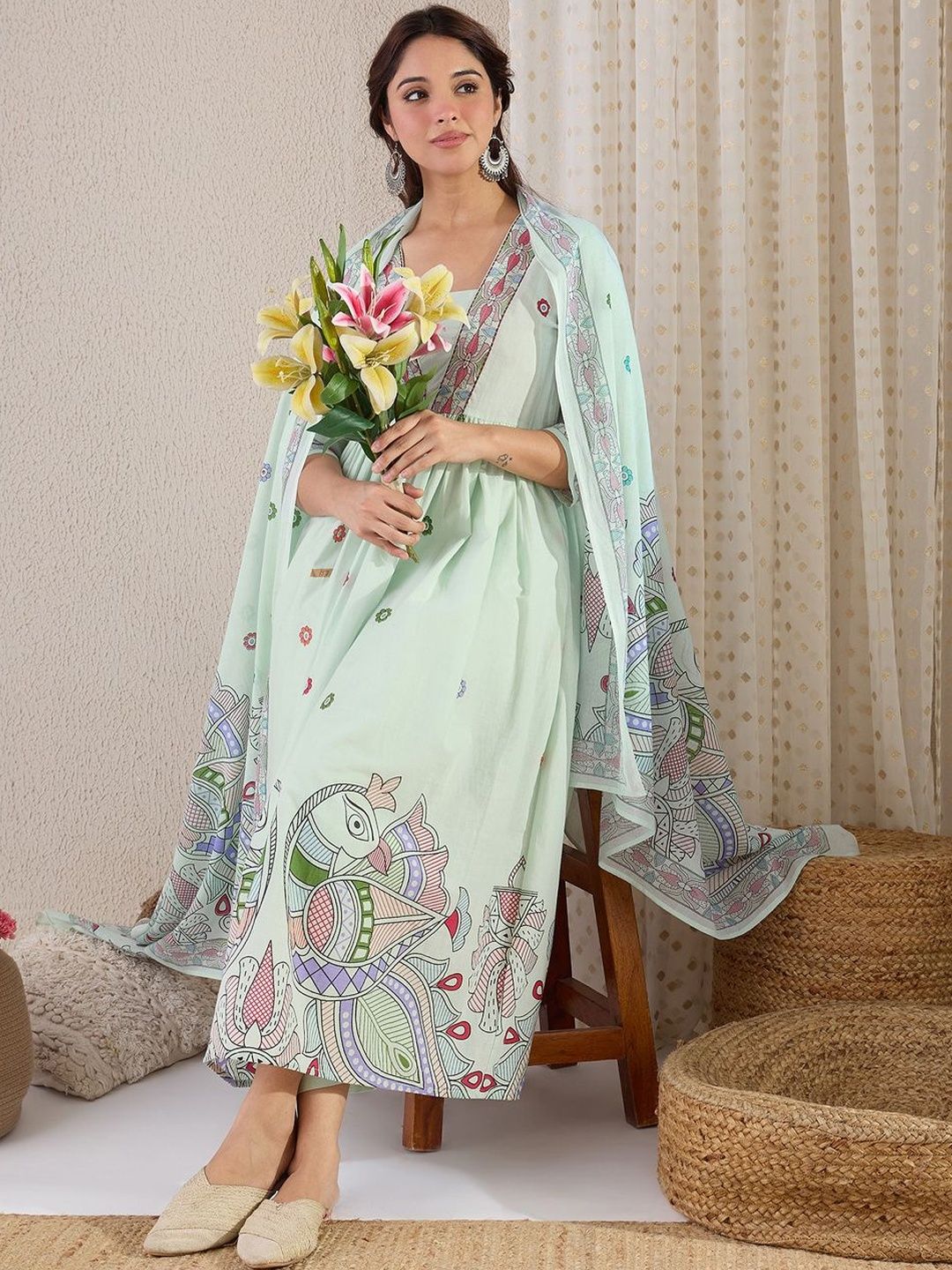 Ethnic Motifs Printed Panelled Pure Cotton Kurta with Trousers & With Dupatta