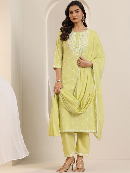 Floral Embroidered Straight cotton Kurta With Trousers And Dupatta