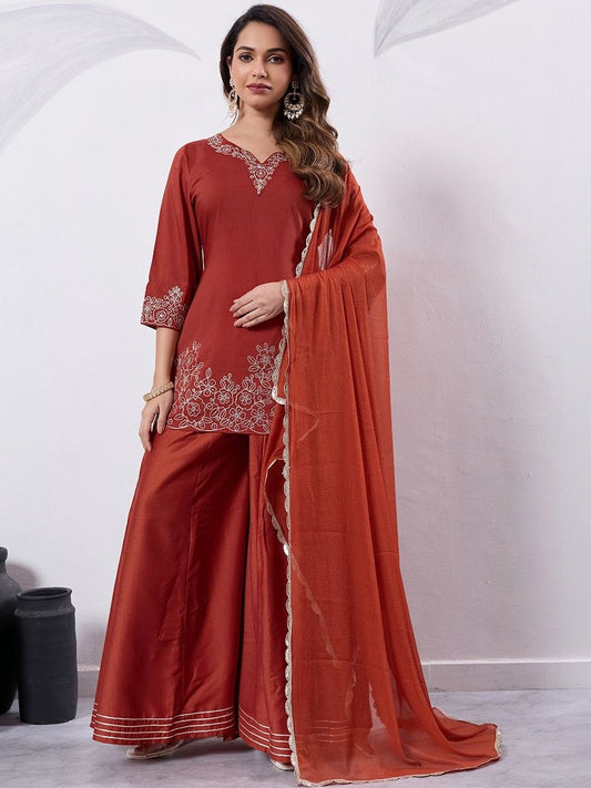 Dhiyona HOP Embroidered V-Neck Kurti Sharara & Dupatta