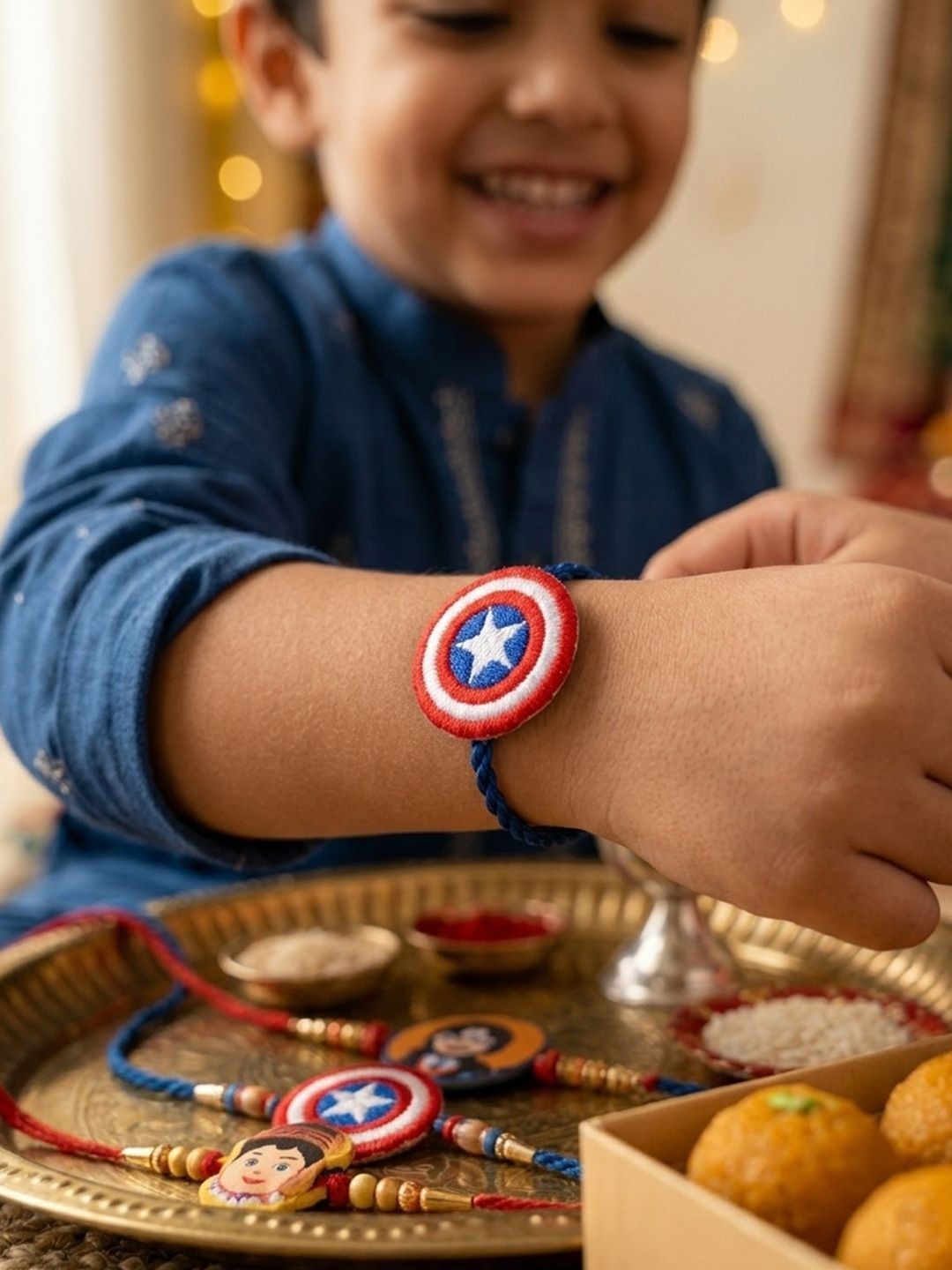 Dhiyona Stylish Red & Blue Avengers Design Kids Rakhi With Roli Chawal Chandan Mishri