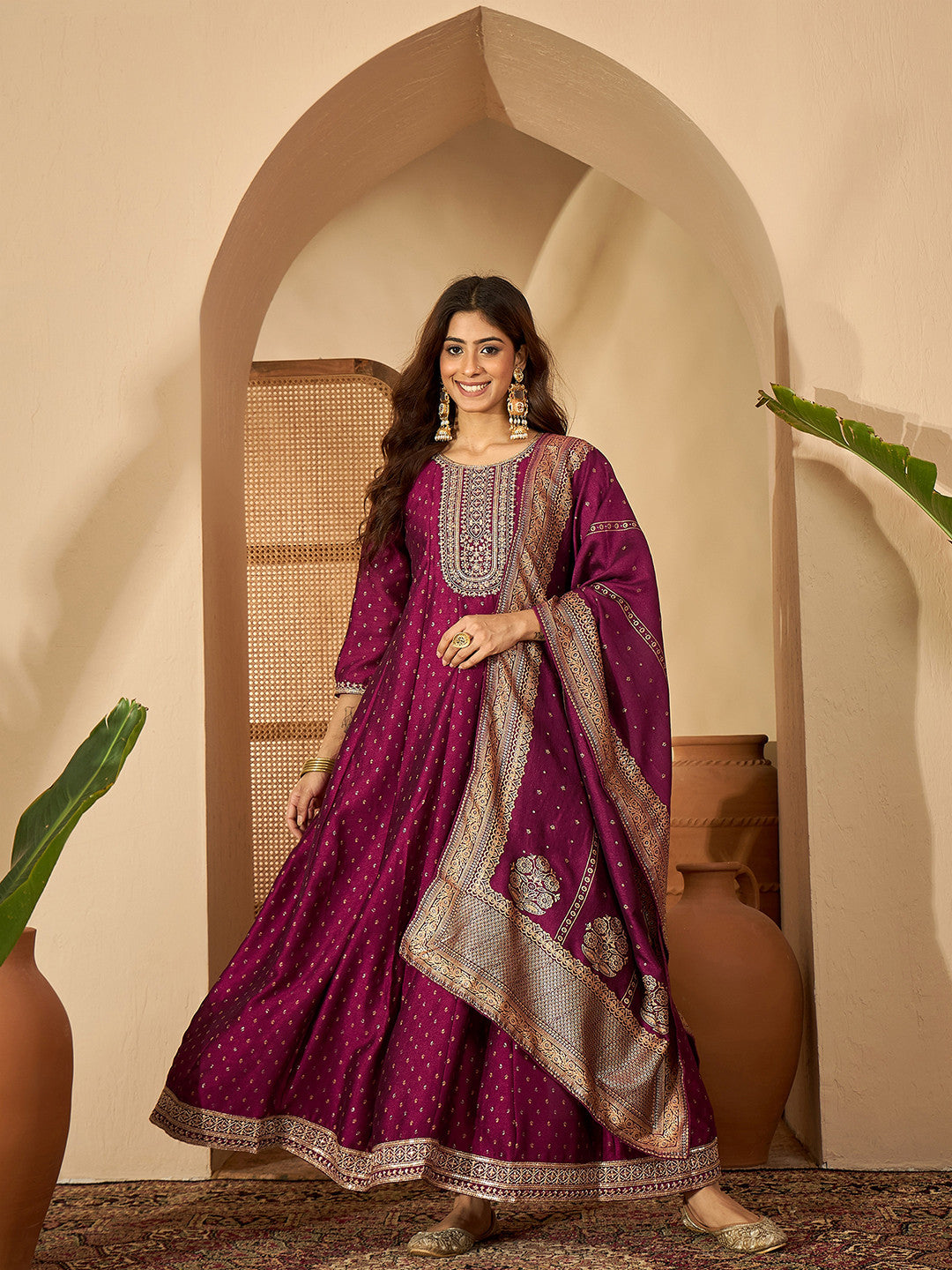 Foil Printed Embroidered Kurta With Trouser & Dupatta