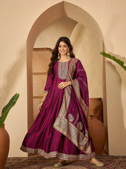 Foil Printed Embroidered Kurta With Trouser & Dupatta