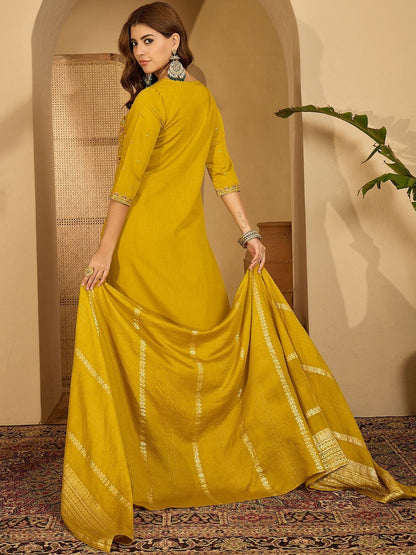 Women Mustard Embroidered Kurta Sets With Dupatta