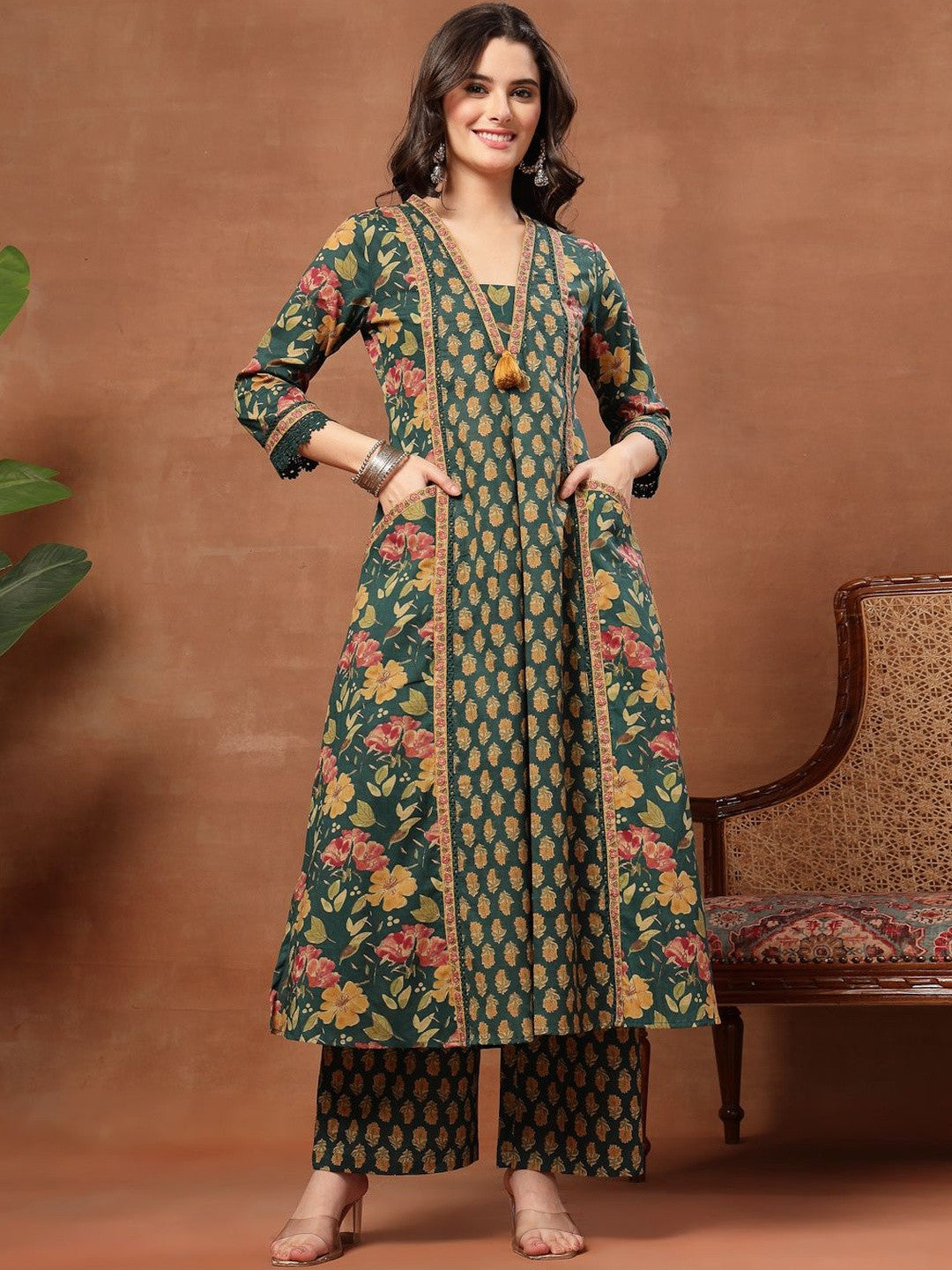 Printed Pure Cotton V-Neck Kurta & Palazzos Kurta Set