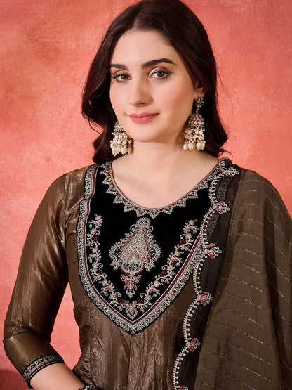 Floral Yoke Design Round Neck Sequinned A-Line Kurta With Trousers & Dupatta