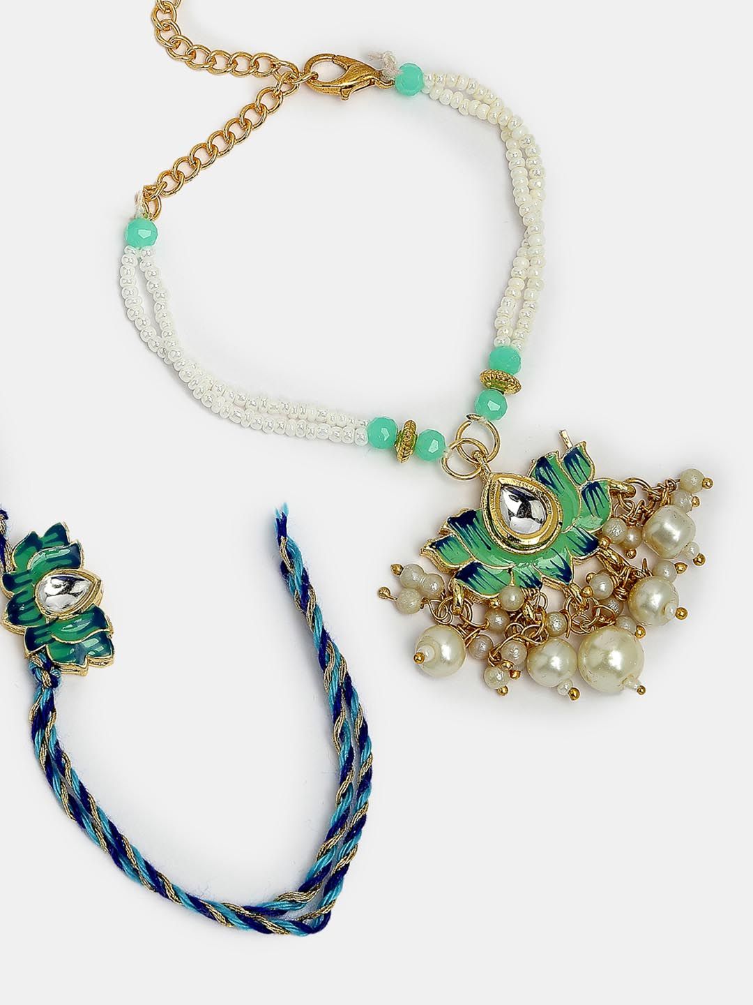 Dhiyona Unisex Set Of 2 Turquoise Blue Lotus Shape Kundan-Studded Handcrafted Rakhi Set