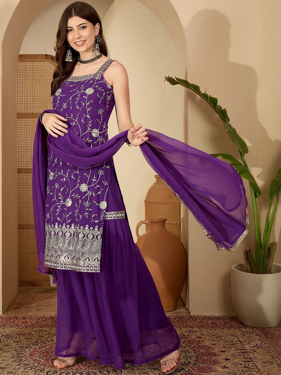 Dhiyona SN Women Ethnic Motifs Embroidered Regular Thread Work Kurta with Sharara & Dupatta