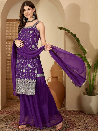 Dhiyona SN Women Ethnic Motifs Embroidered Regular Thread Work Kurta with Sharara & Dupatta