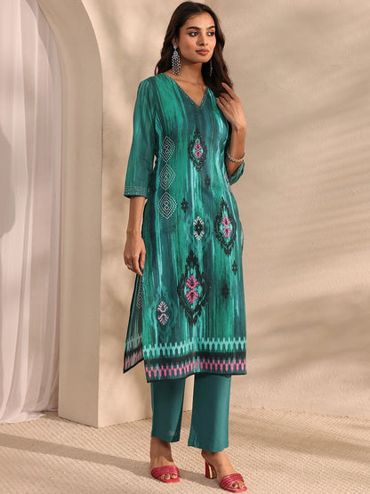Green Abstract Printed Straight Suit Set with Dupatta