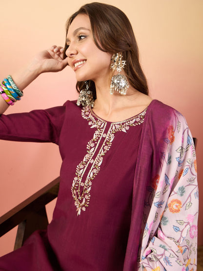 Dhiyona SN Self Design Embroidered A-Line Kurta With Palazzos & Dupatta