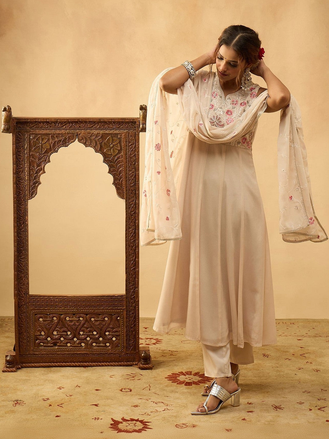 Embroidered Anarkali Kurta With Trouser & Dupatta