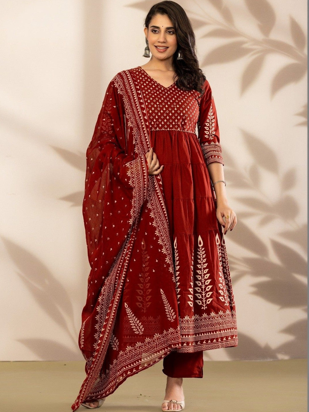 Women Ethnic Motifs Printed Tiered Pure Cotton Kurta with Trousers & With Dupatta