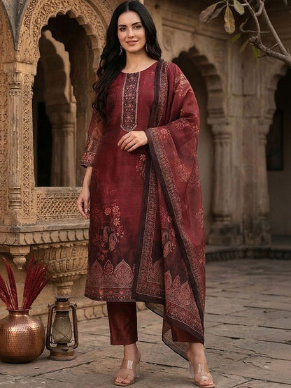 Maroon Floral Printed Sequinned Chanderi Silk Kurta With Trousers & Dupatta