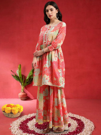 Dhiyona VA Women Floral Printed Empire Mirror Work Kurta With Sharara & Dupatta