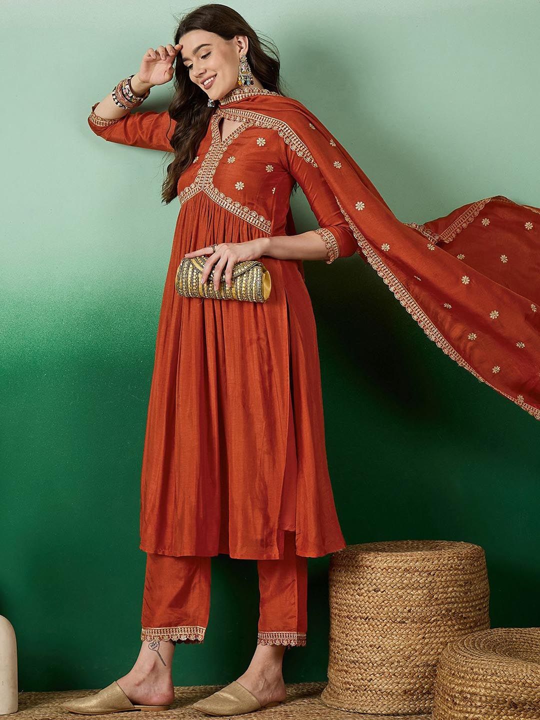 Dhiyona SN Women's Orange Floral Embroidered V-Neck Sequence Straight Kurta With Trousers & Dupatta