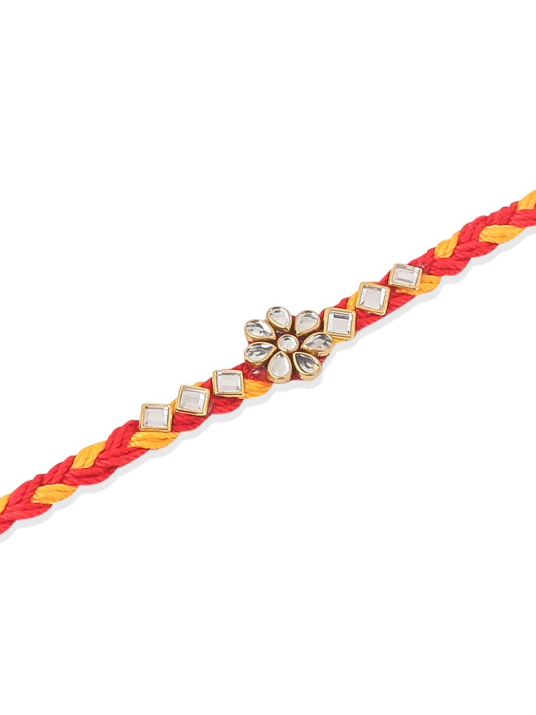 Dhiyona Men Set Of 6 Red & Yellow Kundan Studded Floral Design Thread Rakhi With Roli Chawal