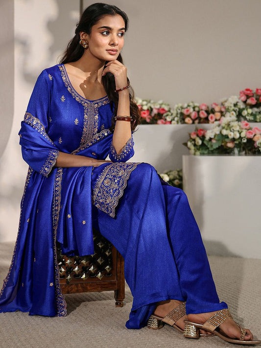 Blue Embroidered Straight Suit Set with Dupatta