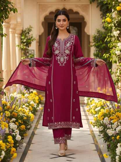 Dhiyona KL Floral Embroidered Straight Kurta with Palazzos & Dupatta