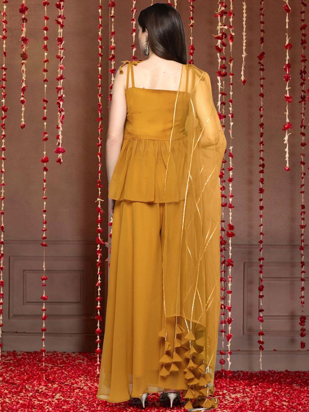 Dhiyona SN Floral Embroidered Shoulder Straps Sequinned Georgette Top & Palazzo With Dupatta