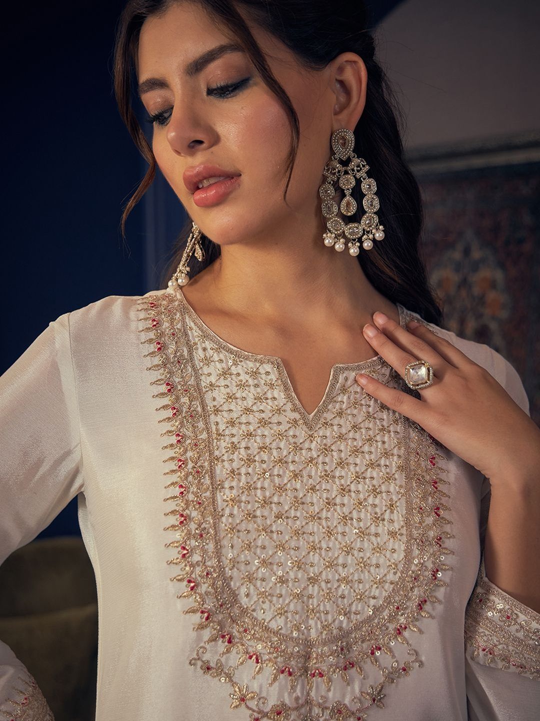 Dhiyona CH Women Ethnic Motifs Embroidered Regular Thread Work Kurta with Sharara