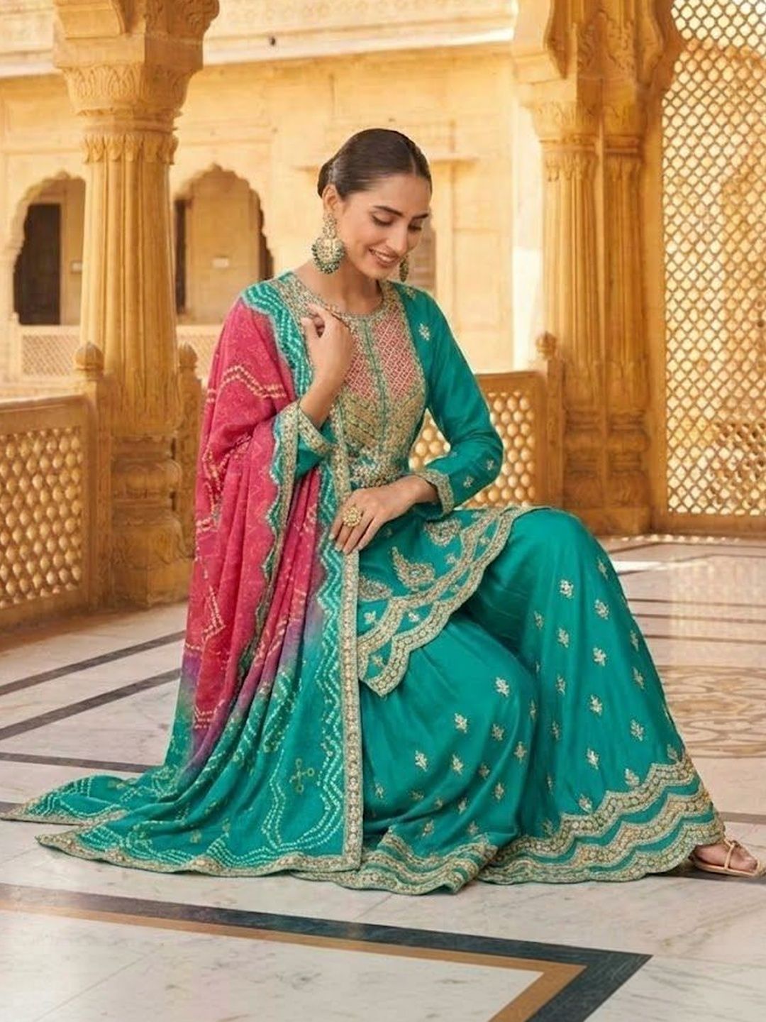 Dhiyona HOP Embroidered Round Neck Kurta & Sharara With Dupatta