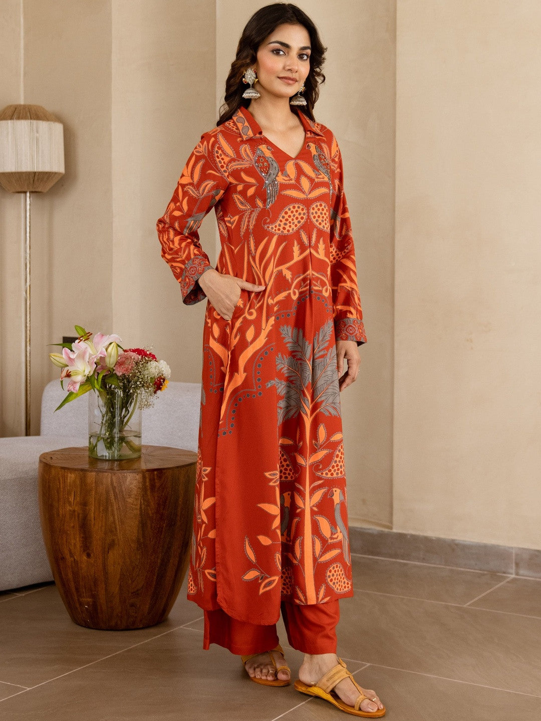 Ethnic Motifs Printed Beads and Stones Straight Kurta with Trouser