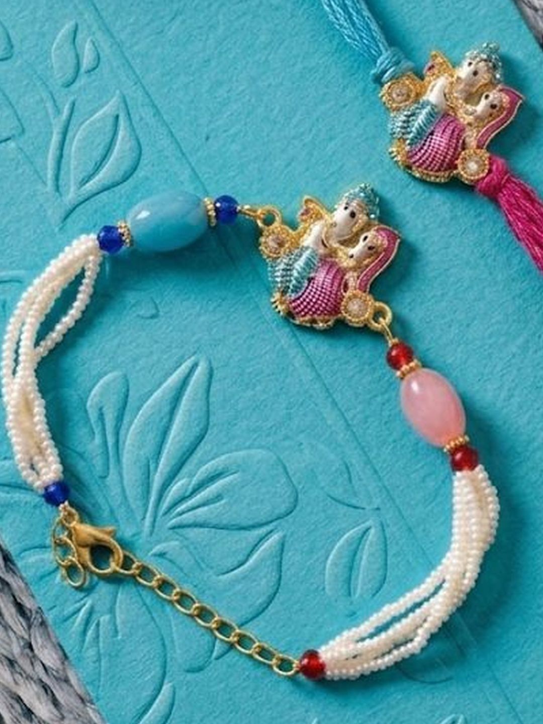 Dhiyona Set Of 2 Artificial Beads Radha Krishna Bhaiya Bhabhi Rakhi With Roli Chawal Chandan