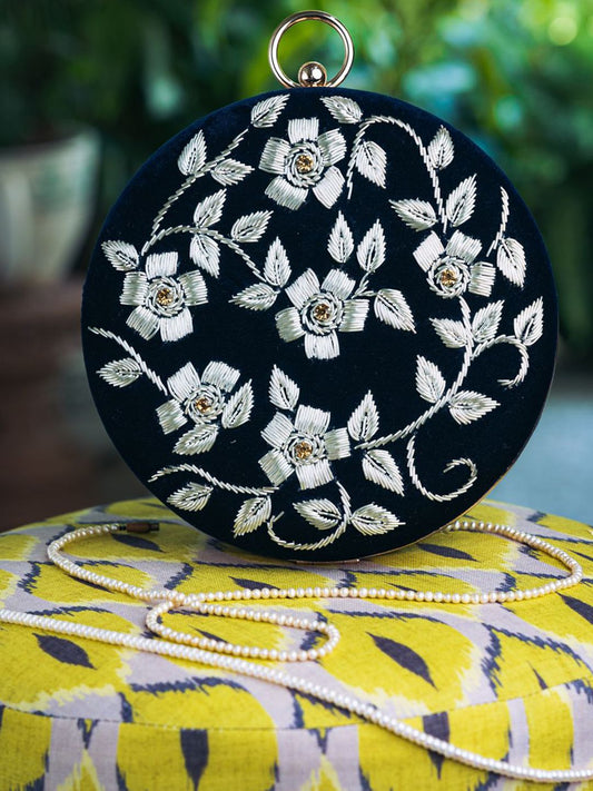Dhiyona NR Embroidered Round Box Clutch