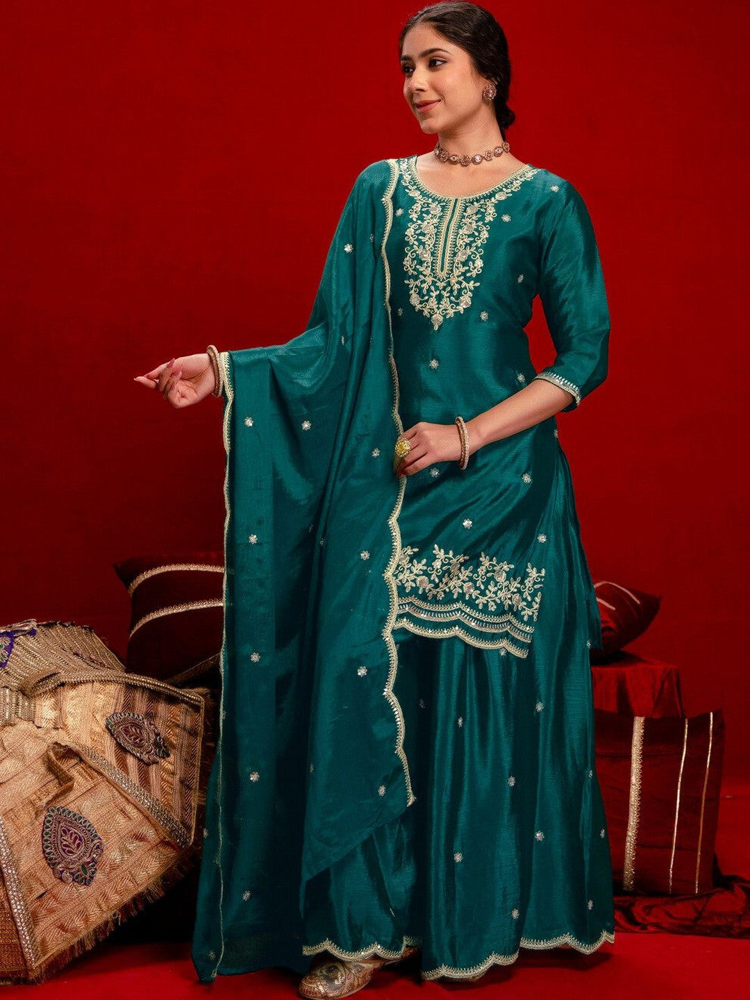 Women Ethnic Motifs Embroidered Regular Thread Work Kurta with Sharara & With Dupatta