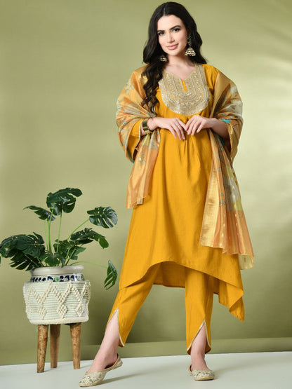Ethnic Motifs Yoke Design Sequinned A-Line Kurta With Dhoti Pant & Dupatta