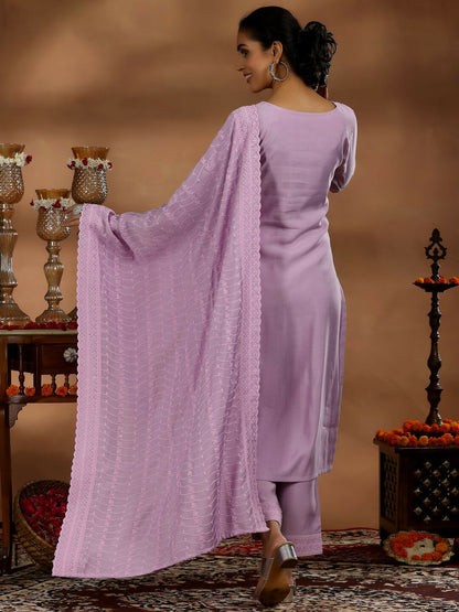 Women's LB Mauve Embroidered Silk Blend Straight Suit With Dupatta