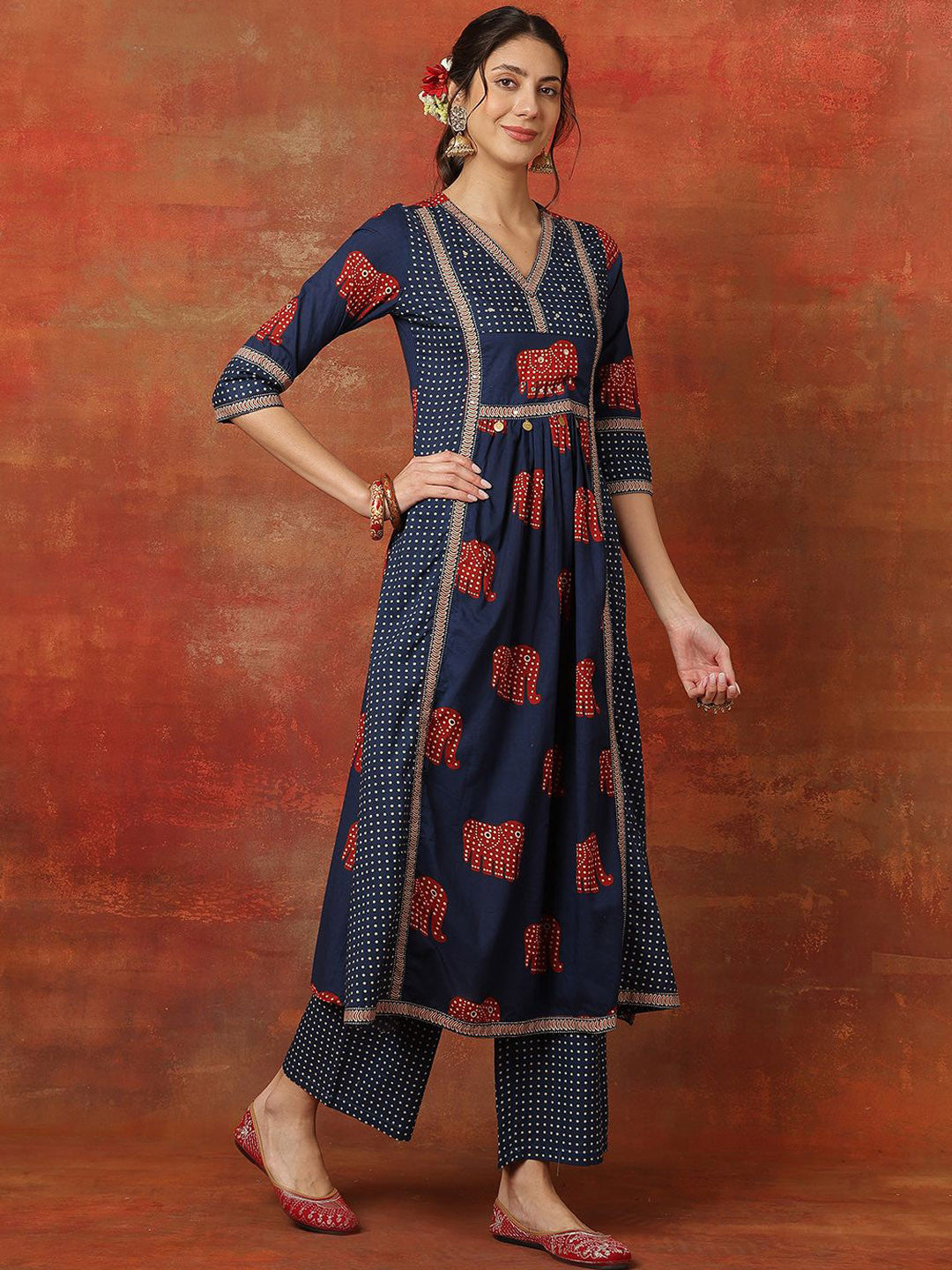 Printed Pure Cotton V-Neck Anarkali Kurta With Palazzos And Dupatta