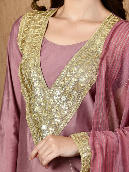 Round Neck Long Sleeves Kurta With Trousers & Dupatta