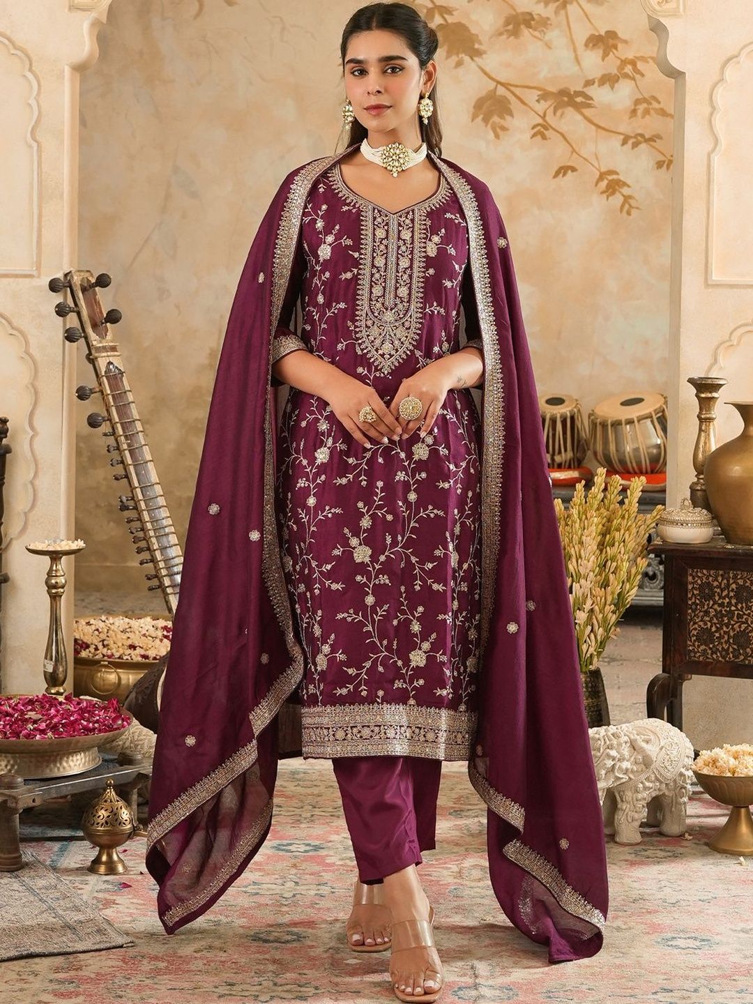 Dhiyona IE Floral Embroidered Kurta With Trouser & With Dupatta