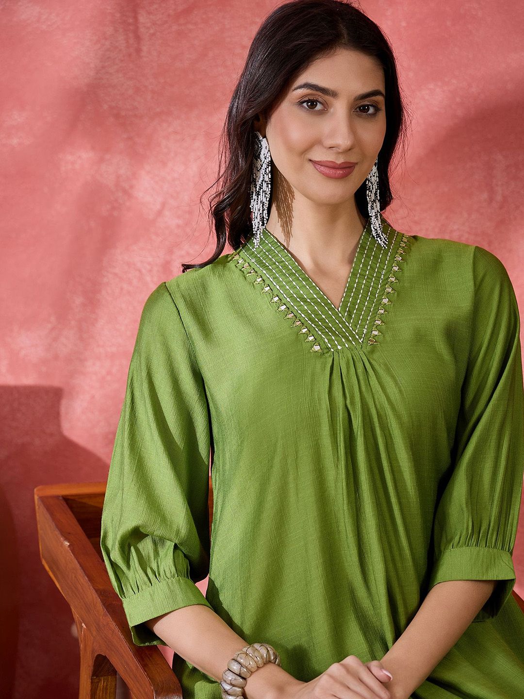 Dhiyona SN Women's Floral Embroidered V-Neck Mirror Work A-Line Kurta With Palazzo