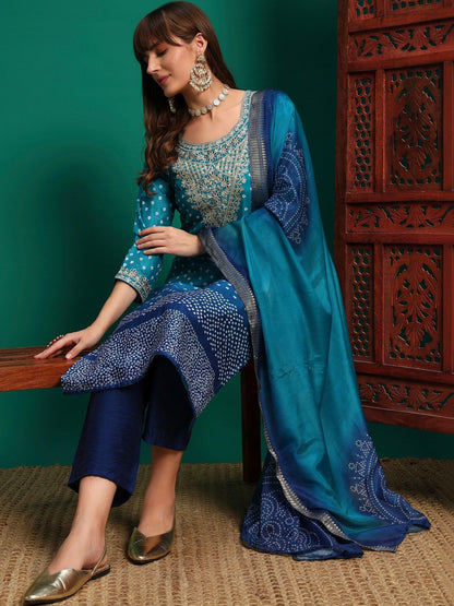 Women Bandhani Printed Regular Thread Work Kurta with Trousers & With Dupatta