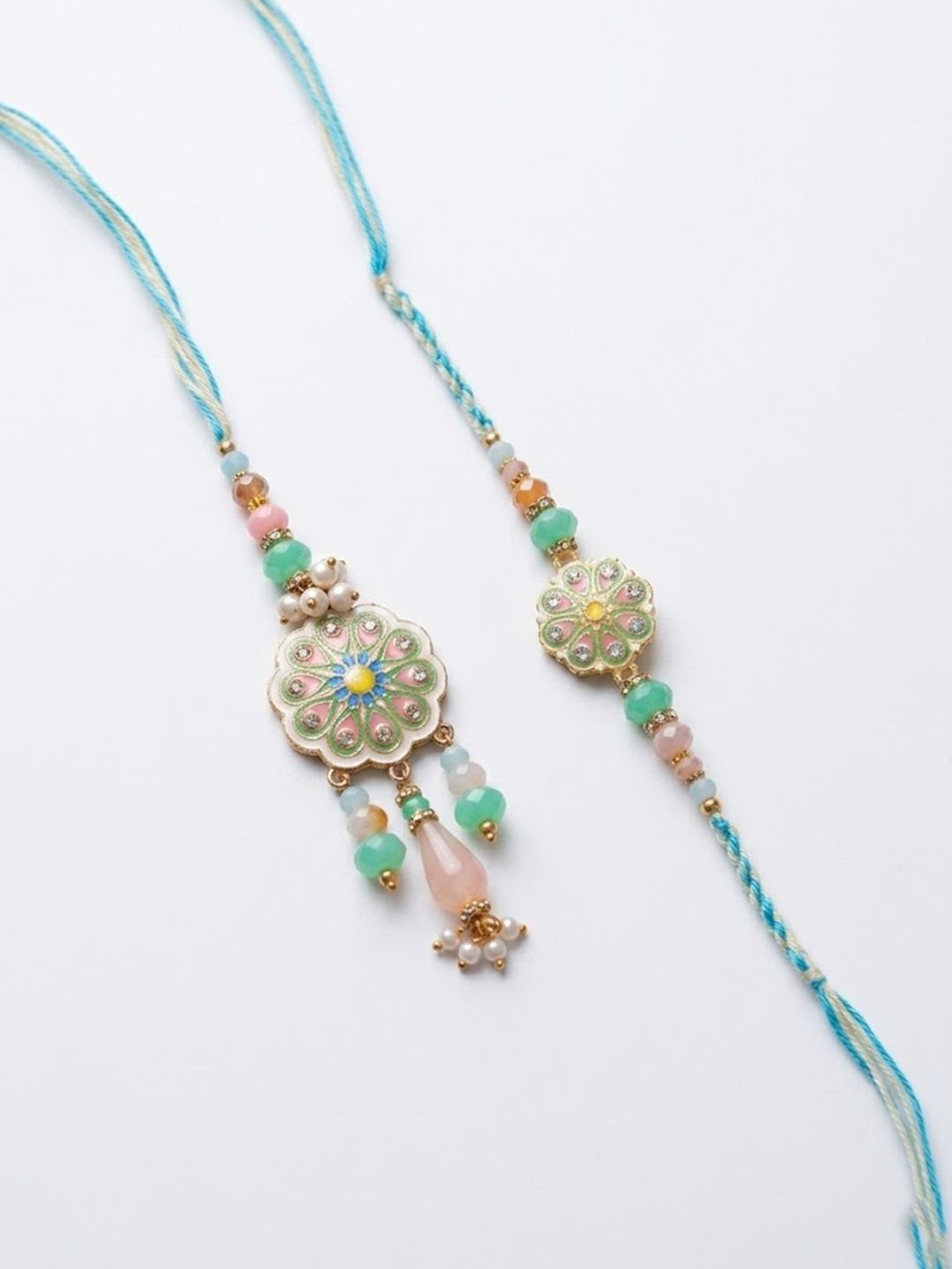 Dhiyona Set Of 2 Round Artificial Beads Traditional Bhaiya Bhabhi Rakhi With Roli Chawal