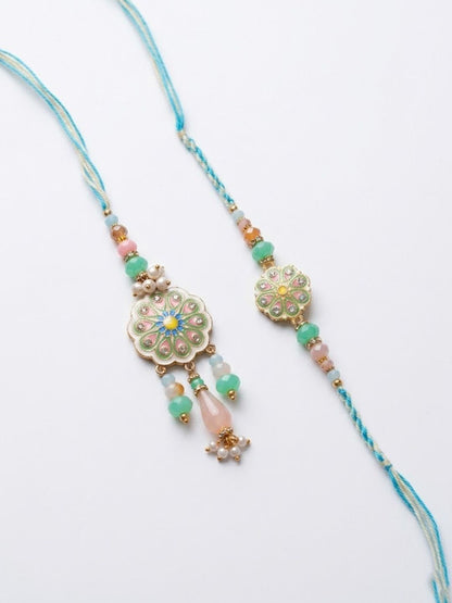 Dhiyona Set Of 2 Round Artificial Beads Traditional Bhaiya Bhabhi Rakhi With Roli Chawal