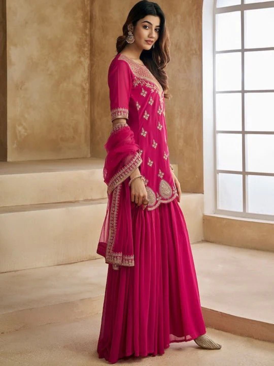 Dhiyona KL Floral Embroidered Notch Neck Sequinned Georgette Kurta With Sharara & Dupatta